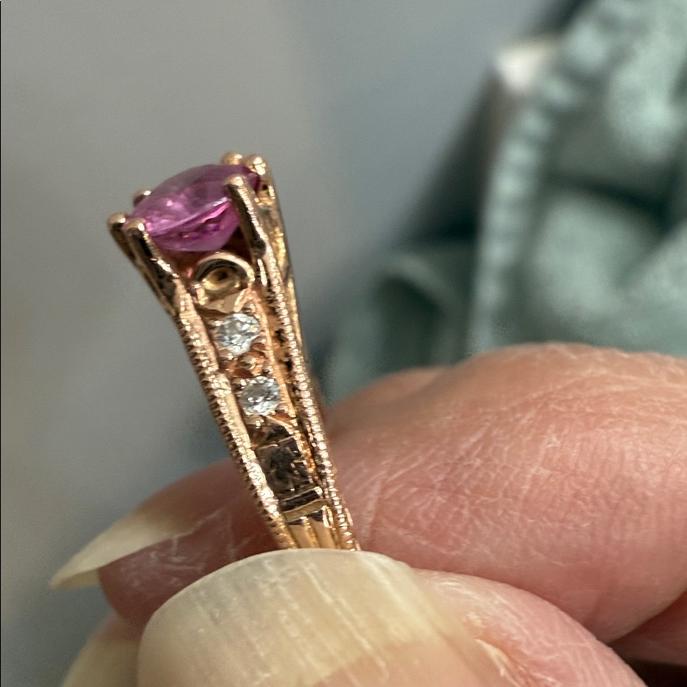 Rose gold with real pink Sapphire and diamonds set. 14k rosegold.NOT plated. - Picture 8 of 9